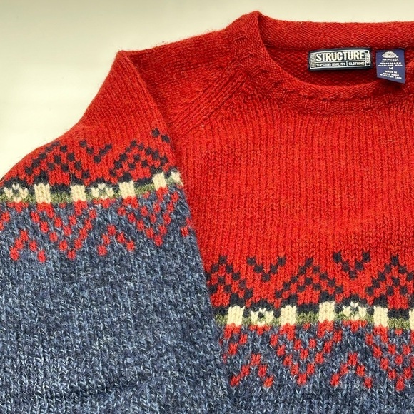 VTG 90s Structure Sweater Mens M Pullover Ski 100% Wool Geometic Design Baggy - Picture 3 of 7